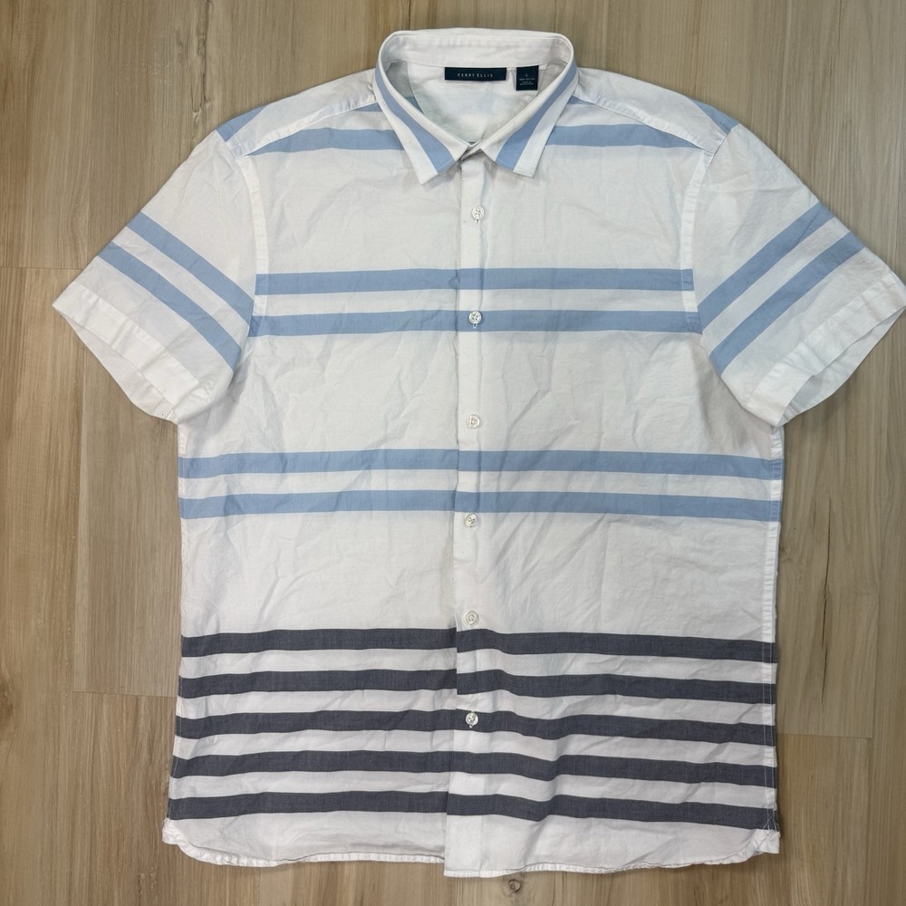Perry Ellis Men's Large Short Sleeve Button Down Shirt White Blue Stripes L